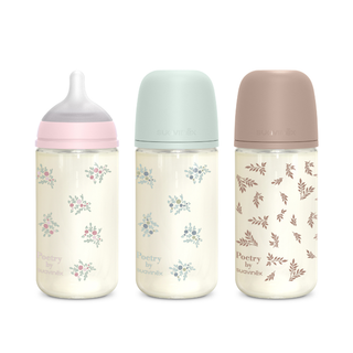 Suavinex Poetry Biberão Vidro Tetina Fisiológica Fluxo Médio +3m 240ml Rosa