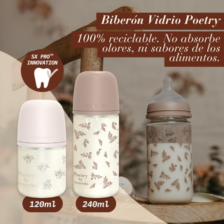 Suavinex Poetry Biberão Vidro Tetina Fisiológica Fluxo Médio +3m 240ml Rosa