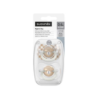 Suavinex Night&Day Chupeta Silicone Tetina Fisiológica 0-6m Castanho - Pack 2 unidades