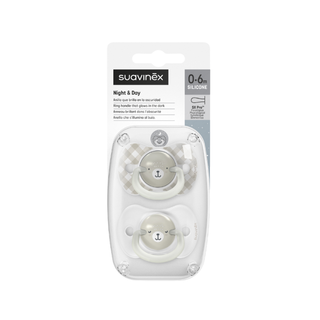 Suavinex Night&Day Chupeta Silicone Tetina Fisiológica 0-6m Cinza - Pack 2 unidades