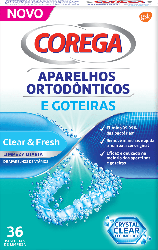 Corega Clear & Fresh Pastilhas de Limpeza Aparelhos Ortodônticos e Goteiras 36 pastilhas